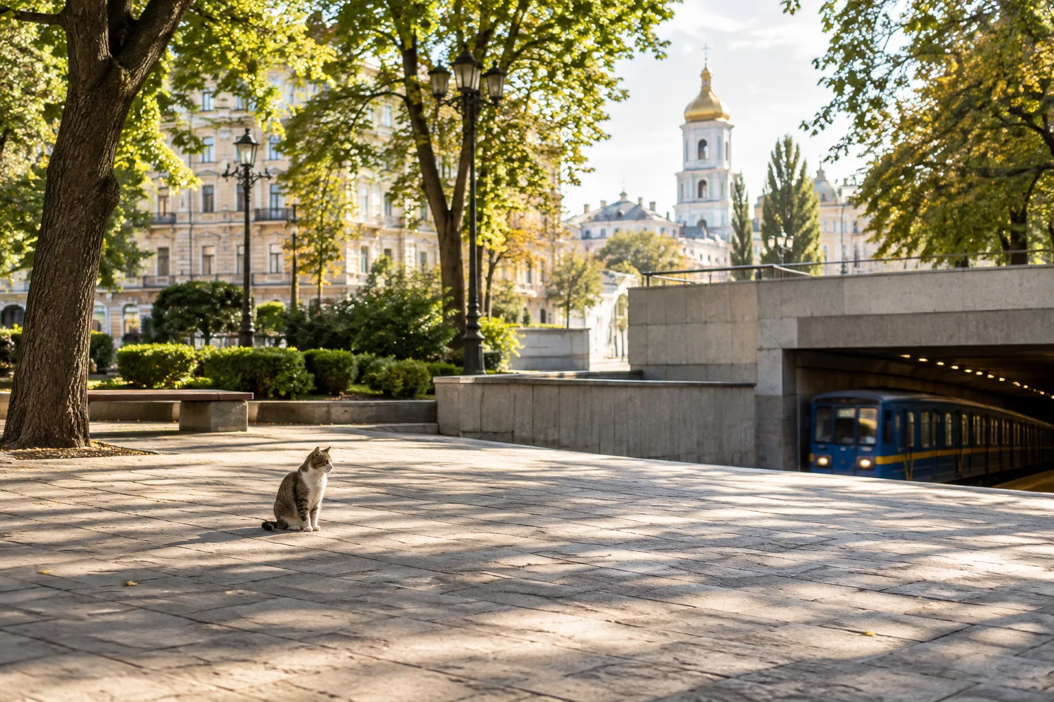 Кіт сидить на площі біля входу до метро, звідки виїжджає поїзд