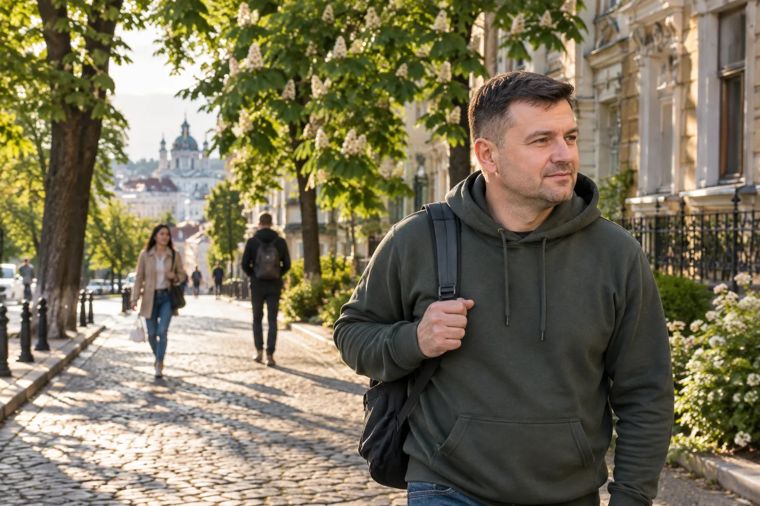 Мужчина идет по мощеной улице Киева под деревьями