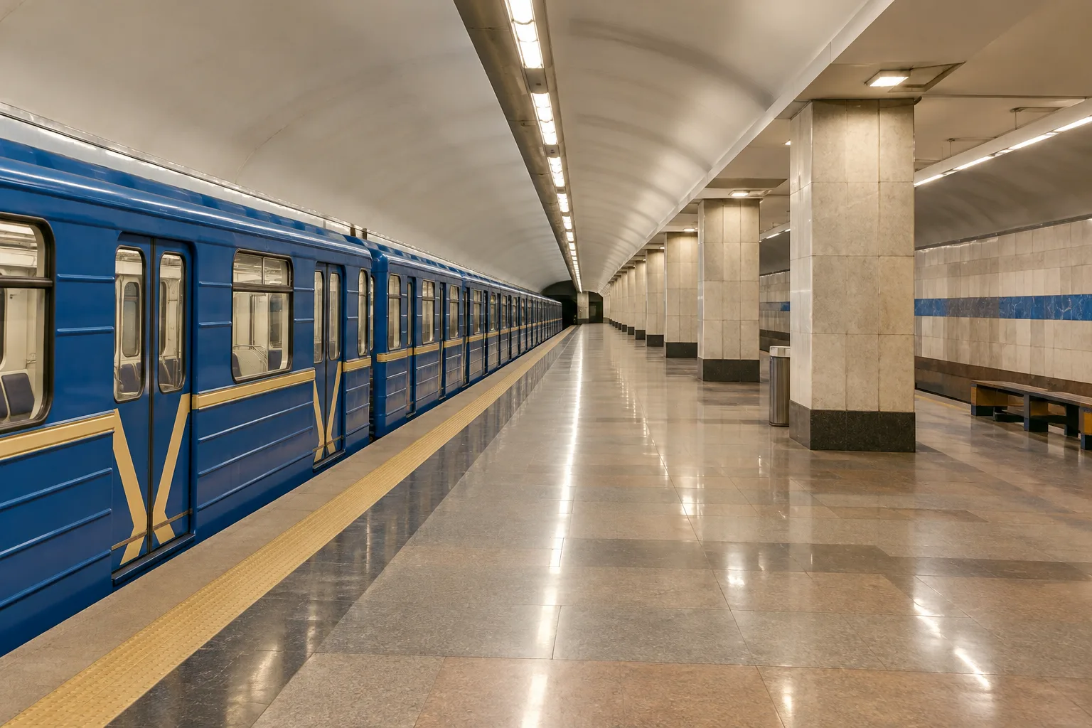 Синій поїзд стоїть біля платформи підземної станції метро