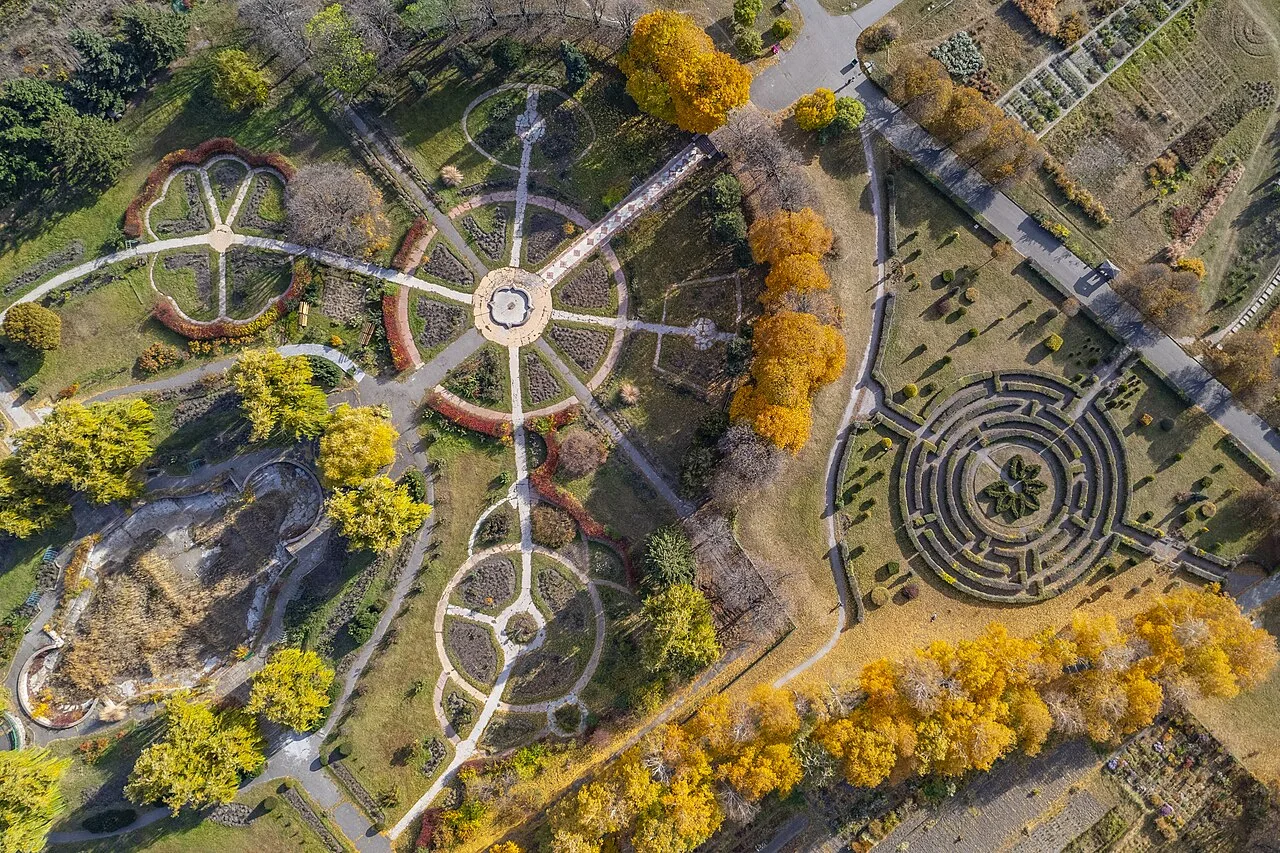Геометричні клумби й доріжки серед осінніх дерев у Національному ботанічному саду ім. М. Гришка Геометричні клумби й доріжки серед осінніх дерев у Національному ботанічному саду ім. М. Гришка