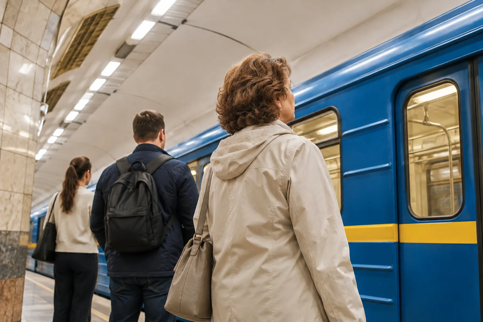 Платформа метро з потягом і пасажирами Пасажири чекають біля синього потяга на платформі метро